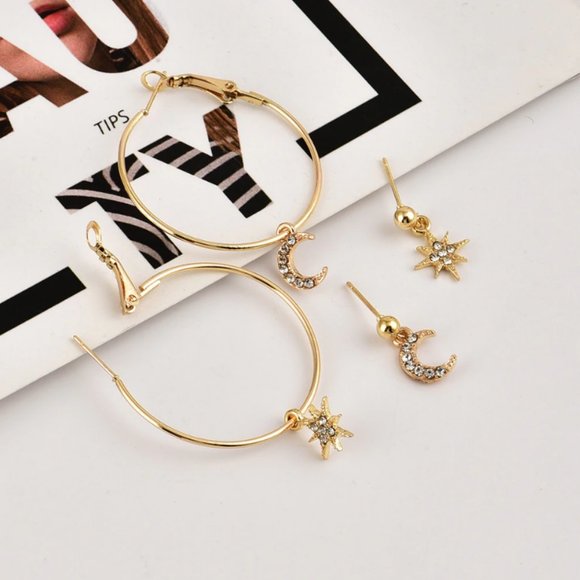 Gold Star Moon Stud & Hoop Earrings Set - Picture 2 of 7